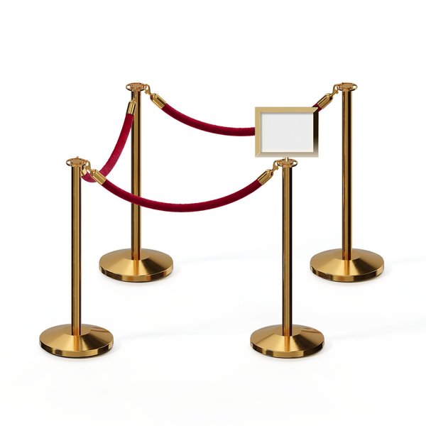 Montour Line Stanchion Post & Rope Kit Pol.Brass, 4FlatTop 3Maroon Rope 8.5x11H Sign C-Kit-3-PB-FL-1-Tapped-1-8511-H-3-PVR-MN-PB